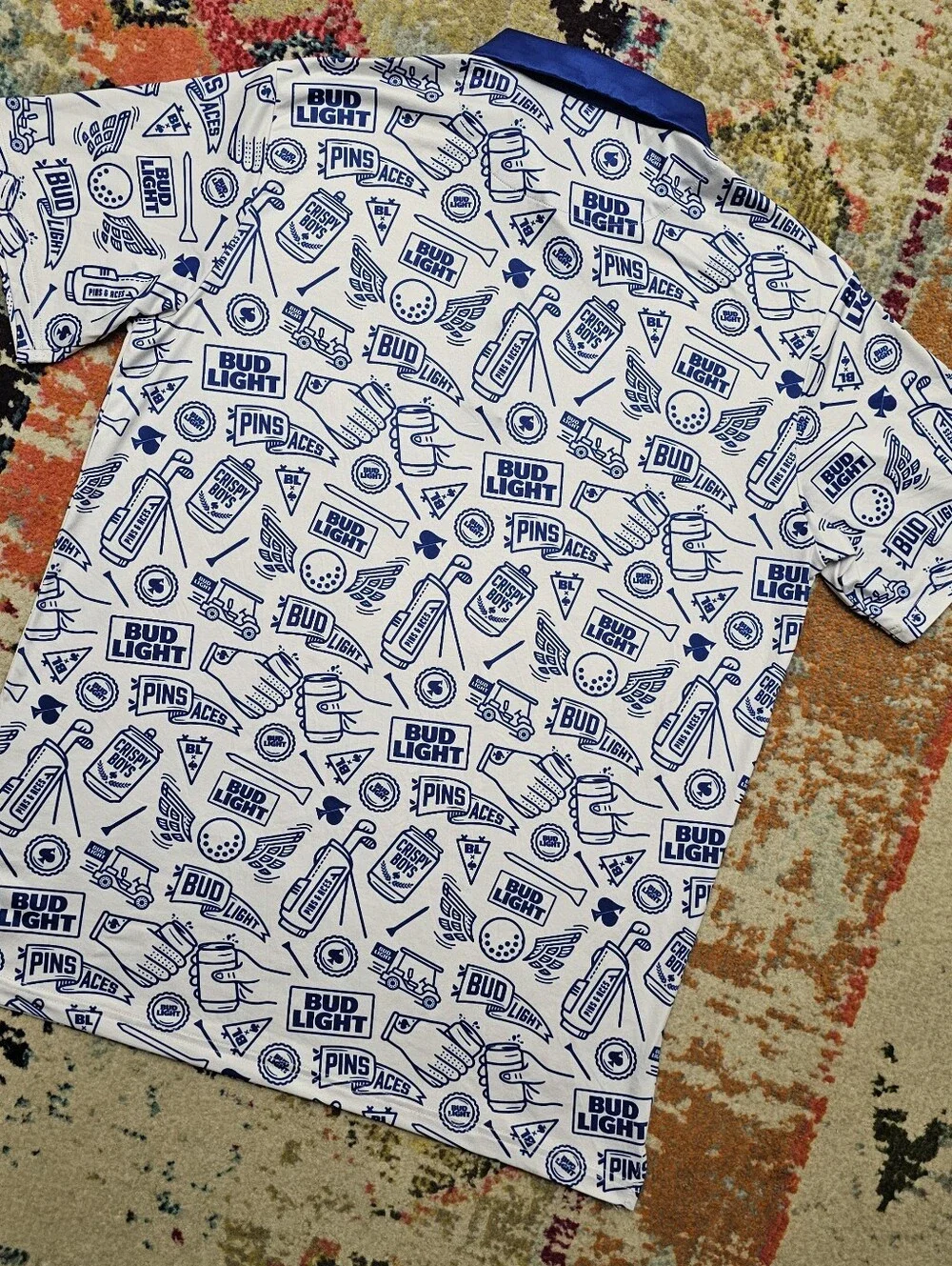 Pins & Aces Bud Light Crispy Boys Golf Polo Mens Large White Blue All Over Print